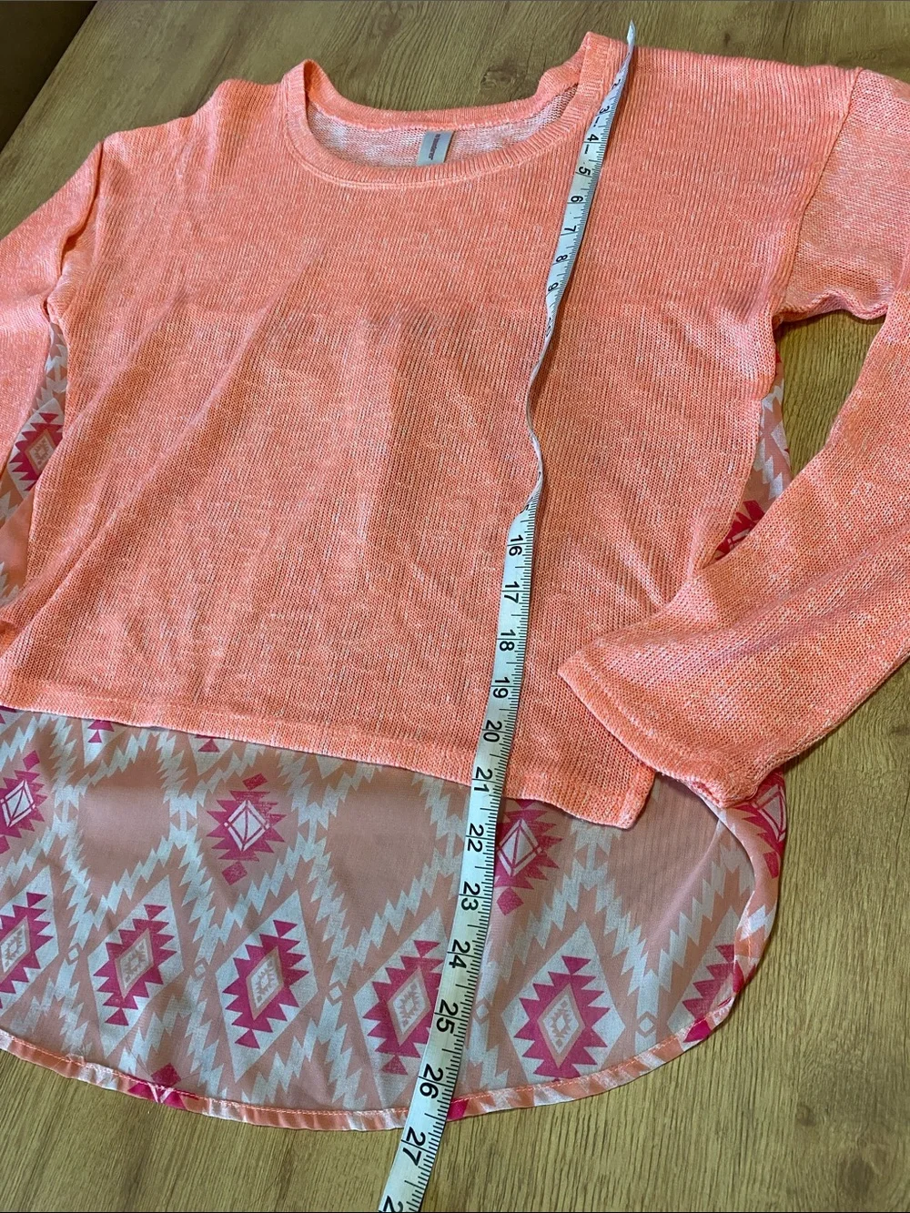 No Boundaries Coral Pullover Long Sleeve Top with Aztec Chiffon Hem - Picture 2 of 7
